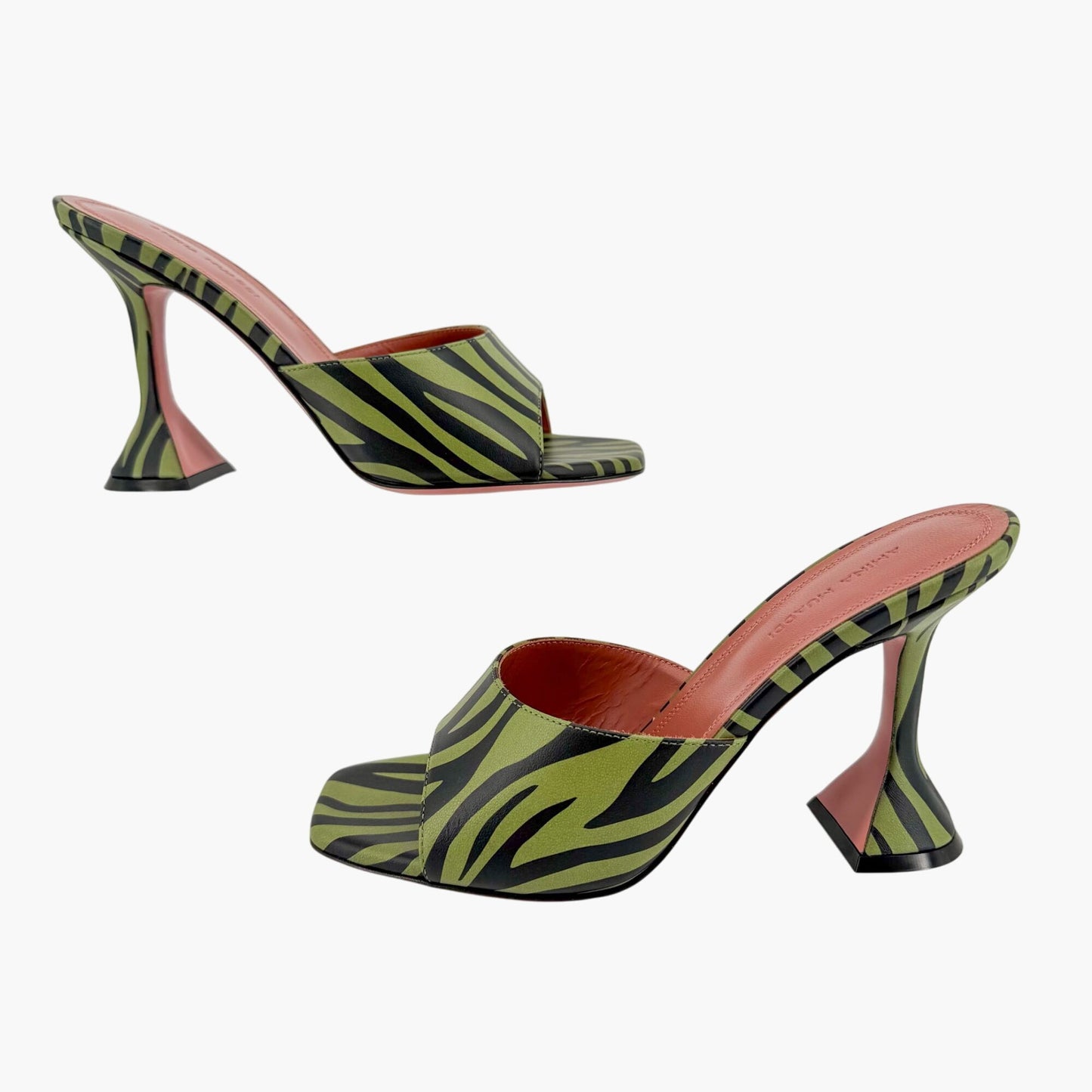 Amina Muaddi Green Zebra Lupita Flared Heel Mules Size 37.5