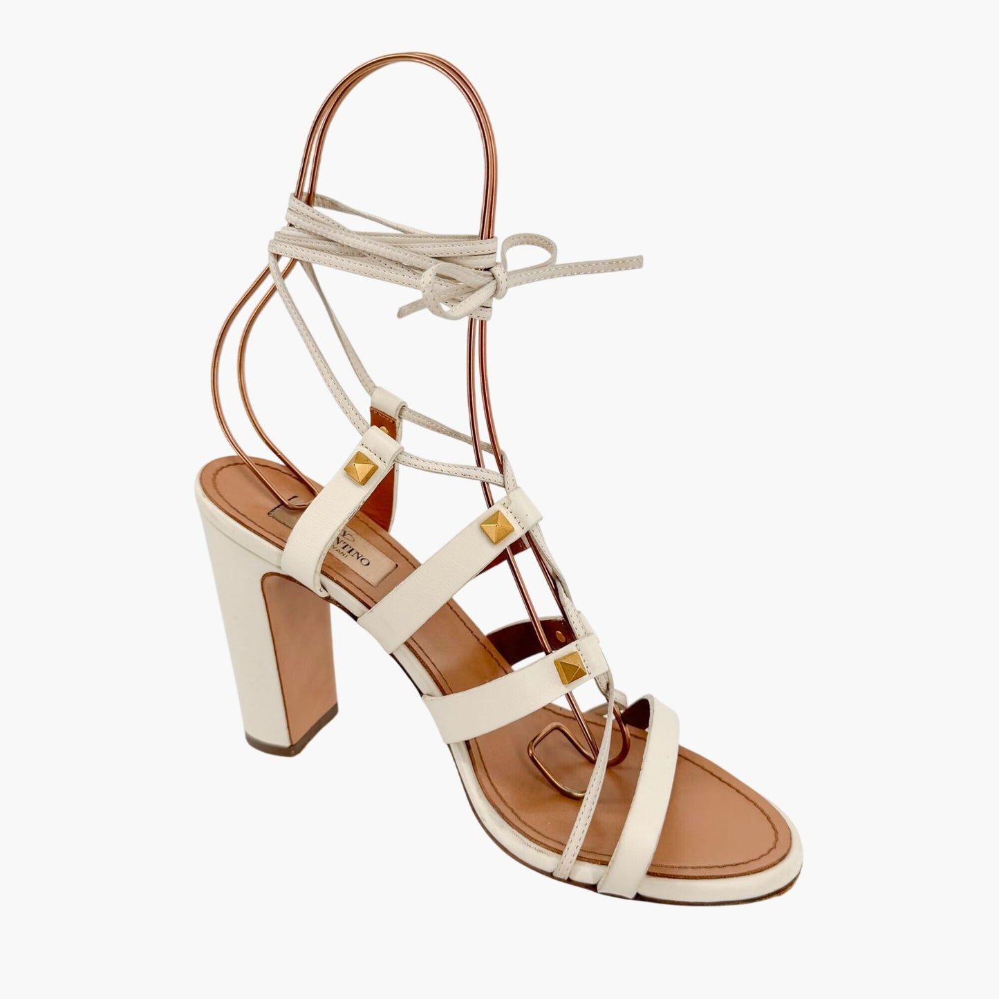 Valentino Garavani Rockstud Lace-Up Gladiator Sandals in Ivory Leather – Size 38