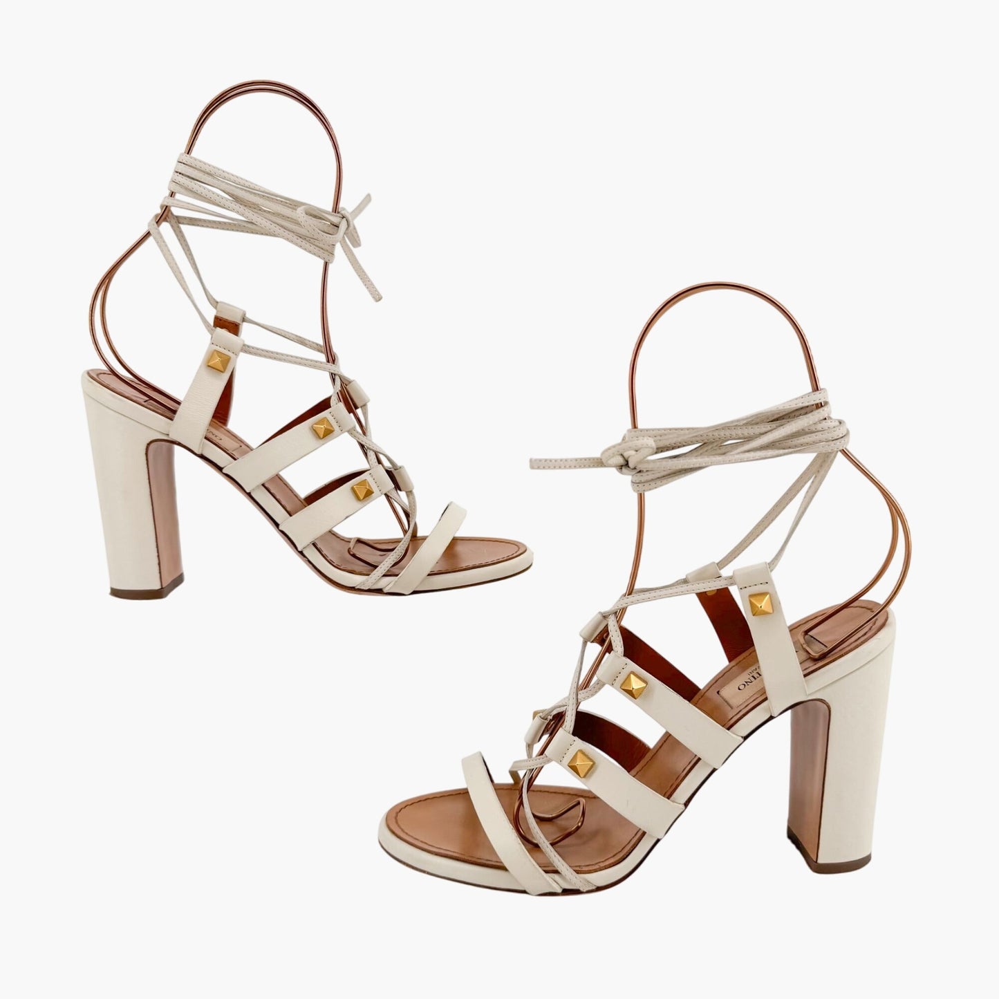 Valentino Garavani Rockstud Lace-Up Gladiator Sandals in Ivory Leather – Size 38