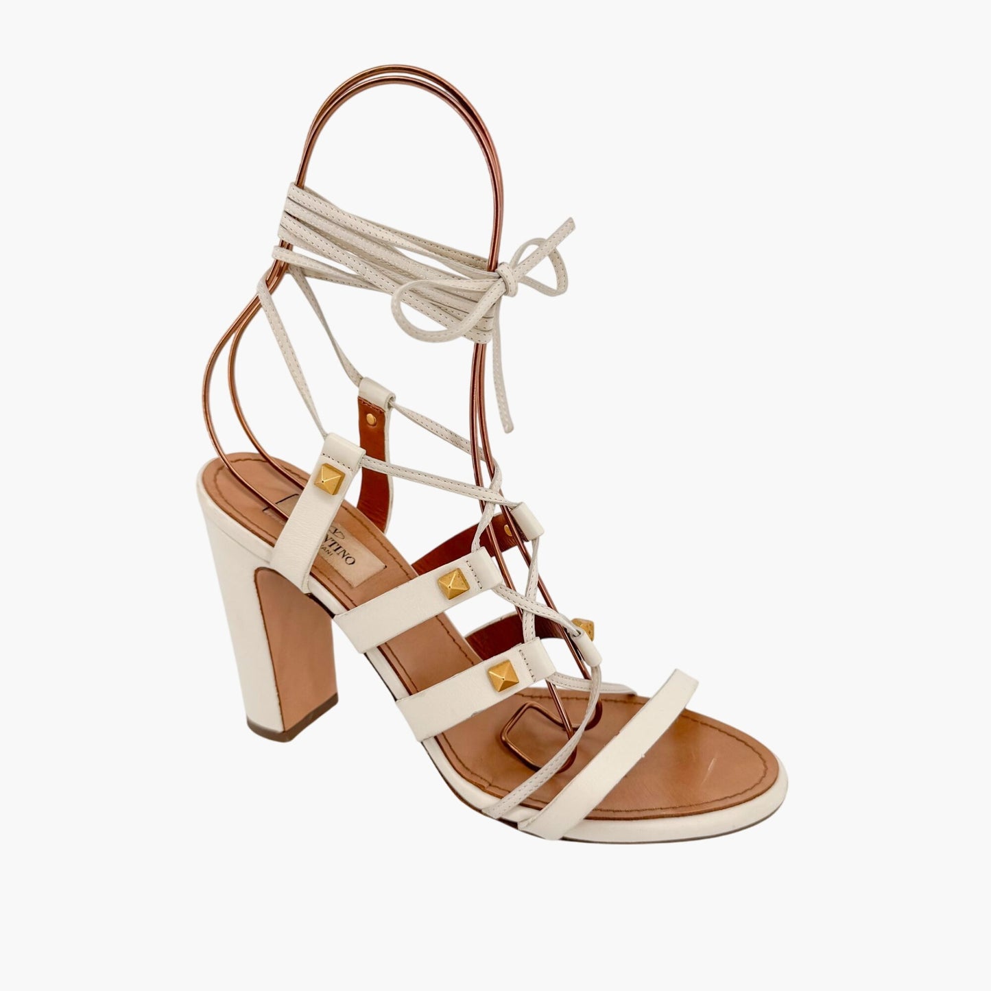 Valentino Garavani Rockstud Lace-Up Gladiator Sandals in Ivory Leather – Size 38