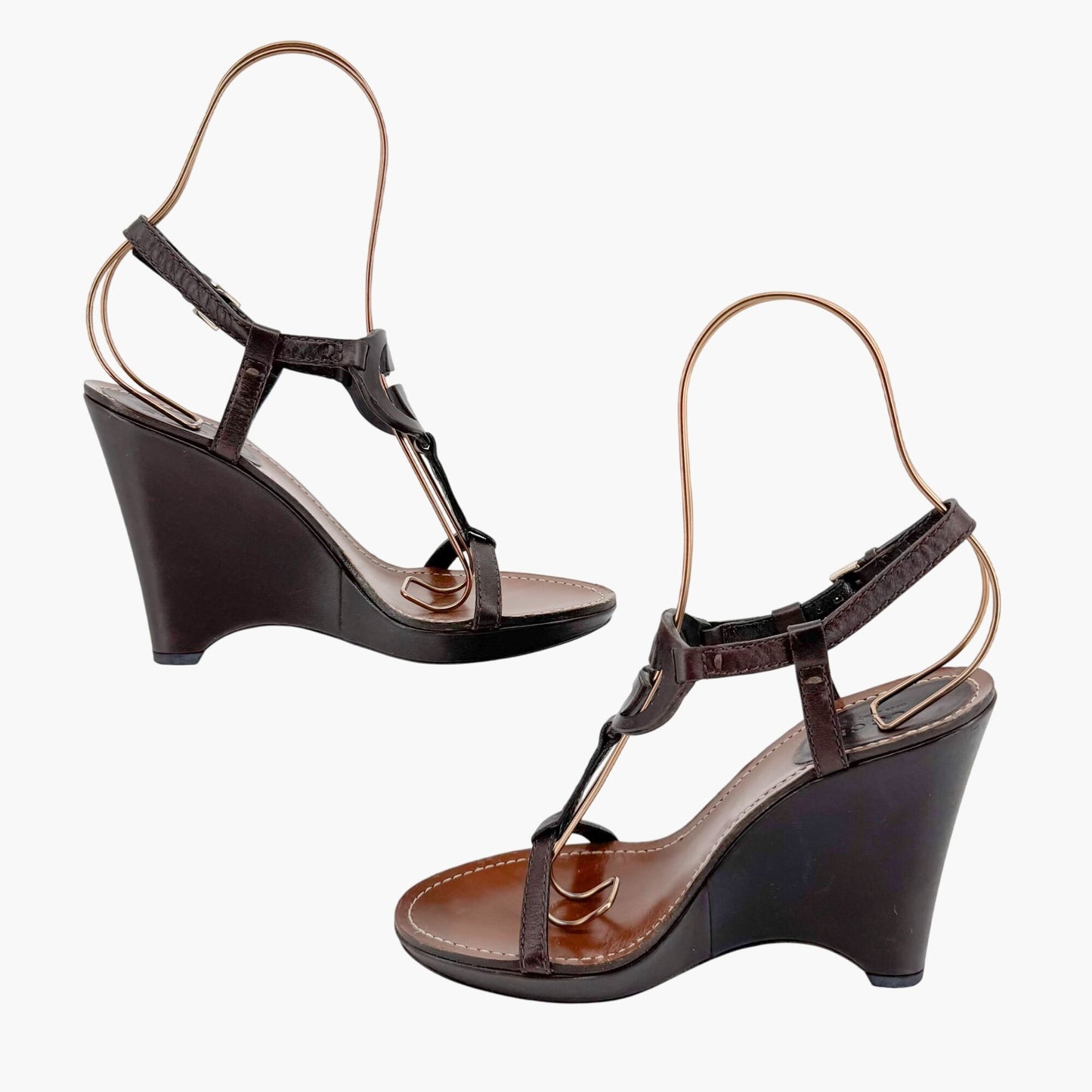 Gucci GG Interlock Cutout T-Strap Wedge Sandals in Brown Leather Size 7.5