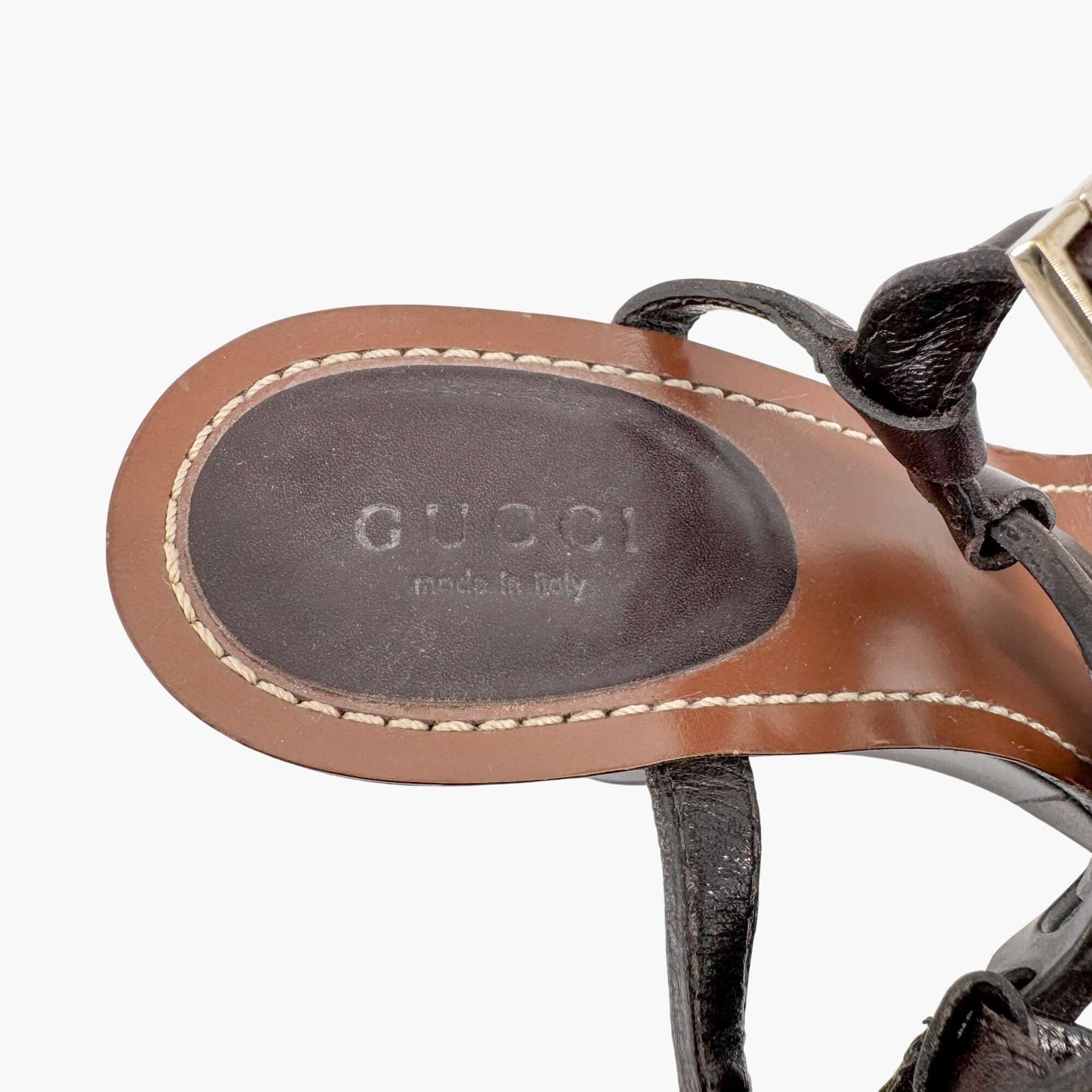 Gucci GG Interlock Cutout T-Strap Wedge Sandals in Brown Leather Size 7.5