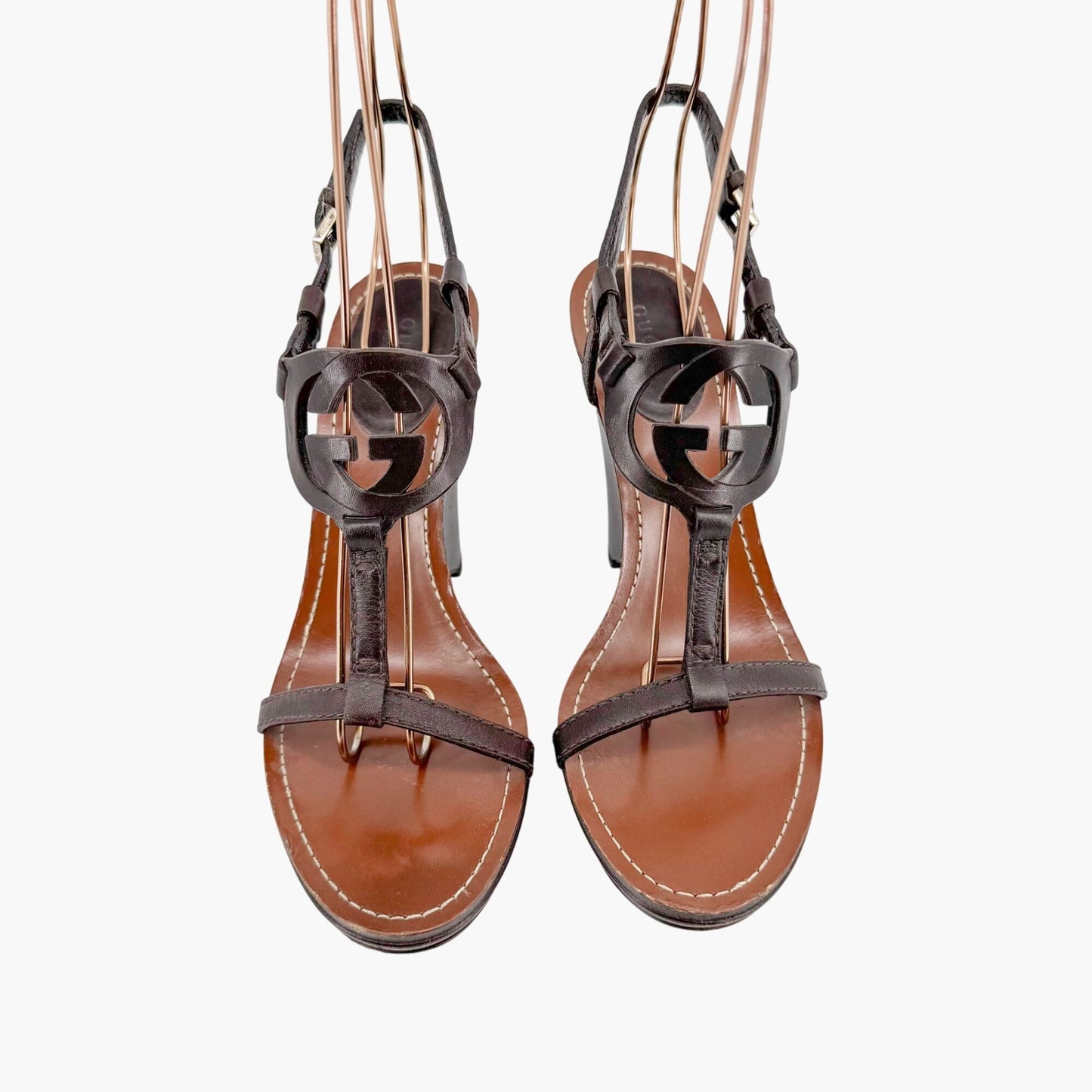 Gucci GG Interlock Cutout T-Strap Wedge Sandals in Brown Leather Size 7.5