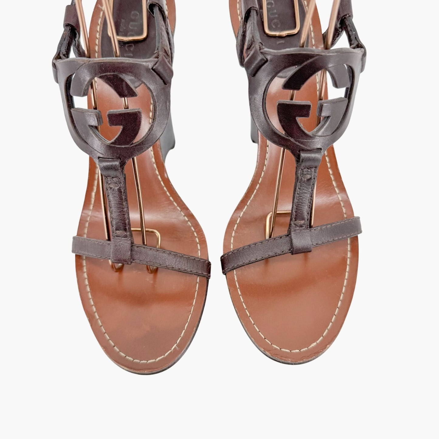 Gucci GG Interlock Cutout T-Strap Wedge Sandals in Brown Leather Size 7.5
