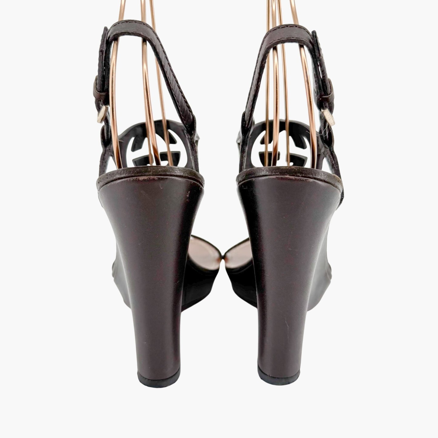 Gucci GG Interlock Cutout T-Strap Wedge Sandals in Brown Leather Size 7.5