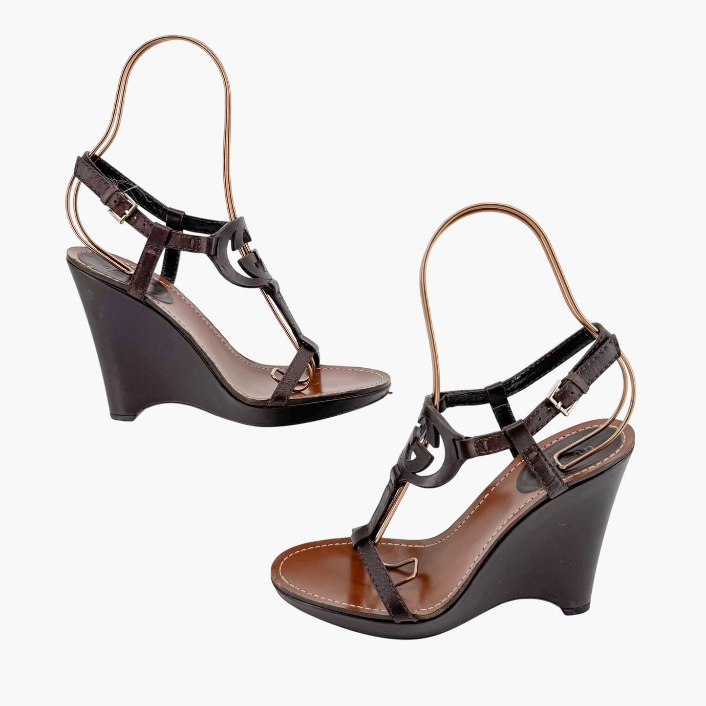 Gucci GG Interlock Cutout T-Strap Wedge Sandals in Brown Leather Size 7.5