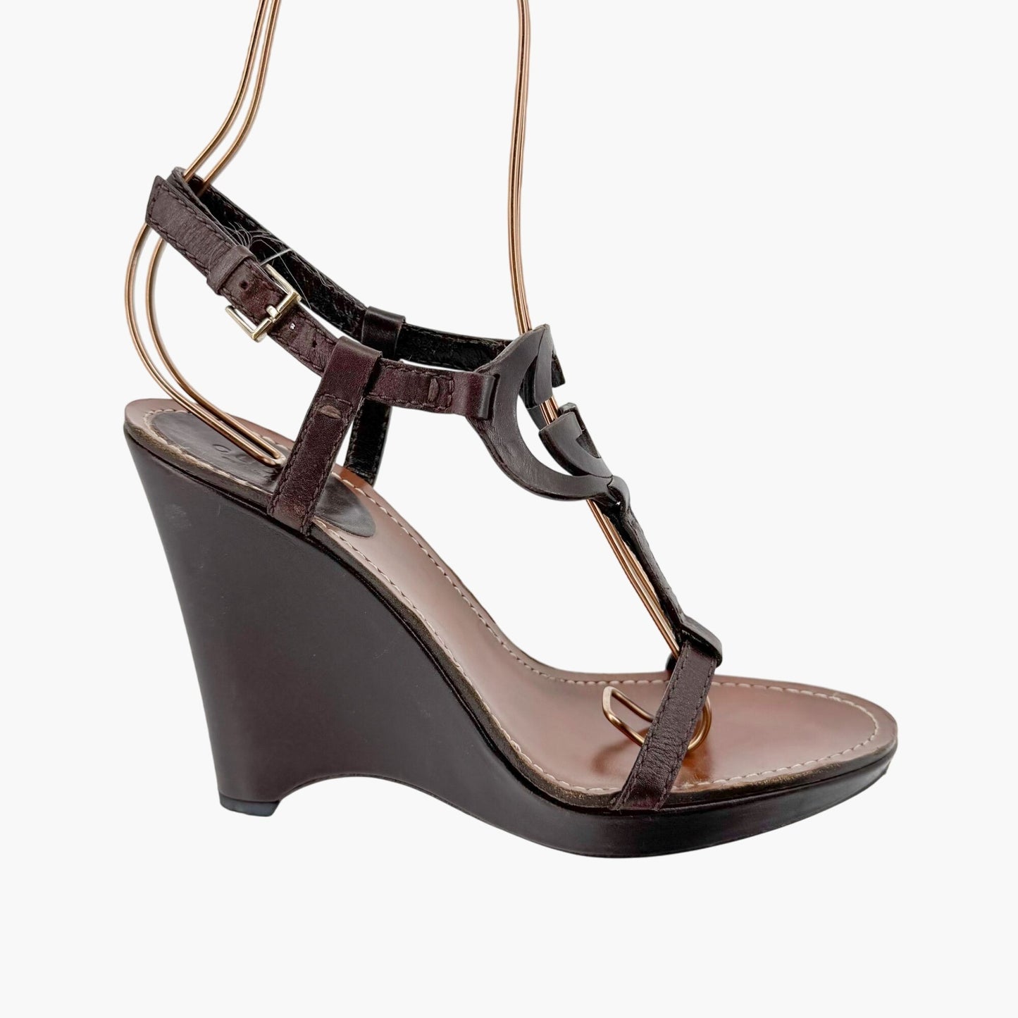 Gucci GG Interlock Cutout T-Strap Wedge Sandals in Brown Leather Size 7.5