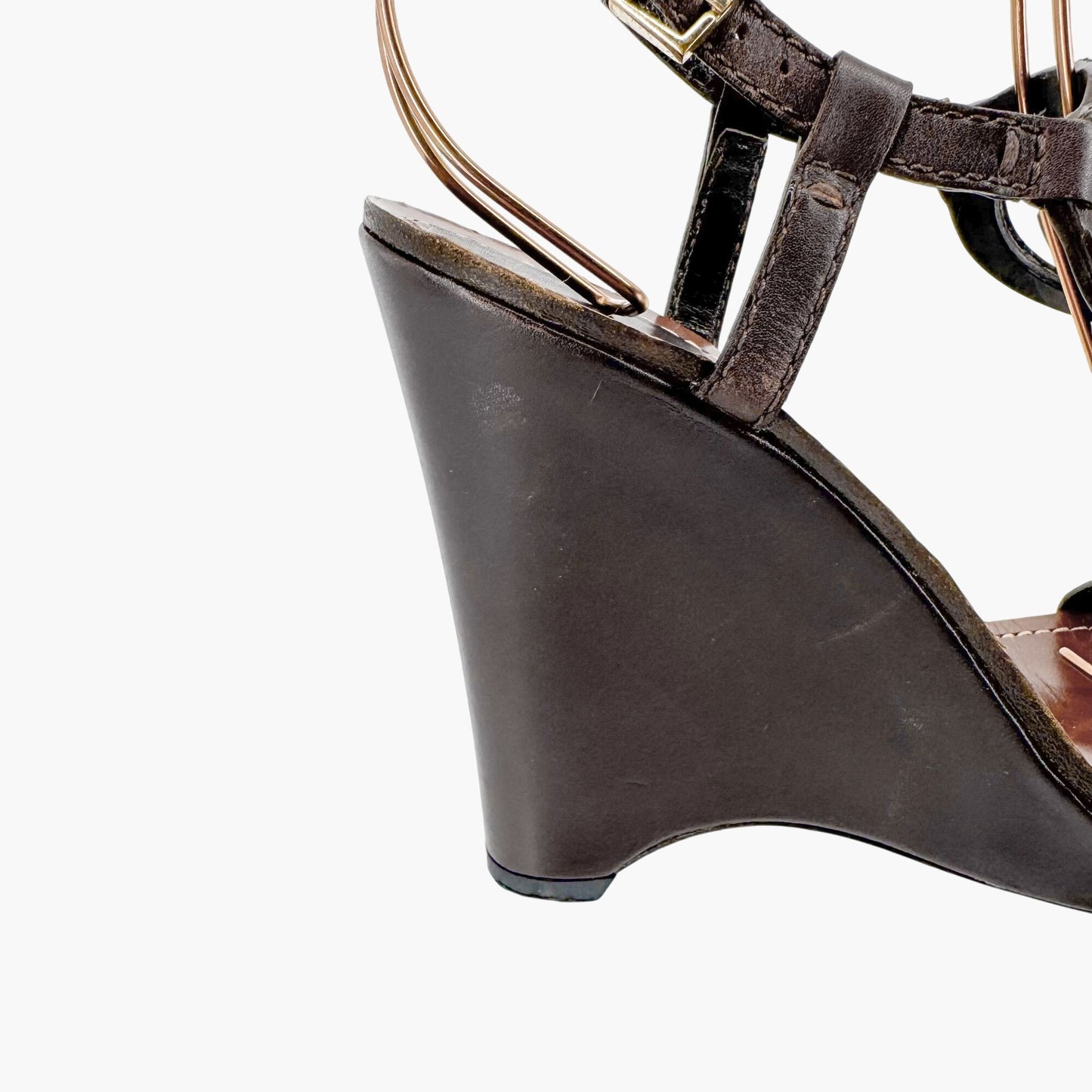 Gucci GG Interlock Cutout T-Strap Wedge Sandals in Brown Leather Size 7.5