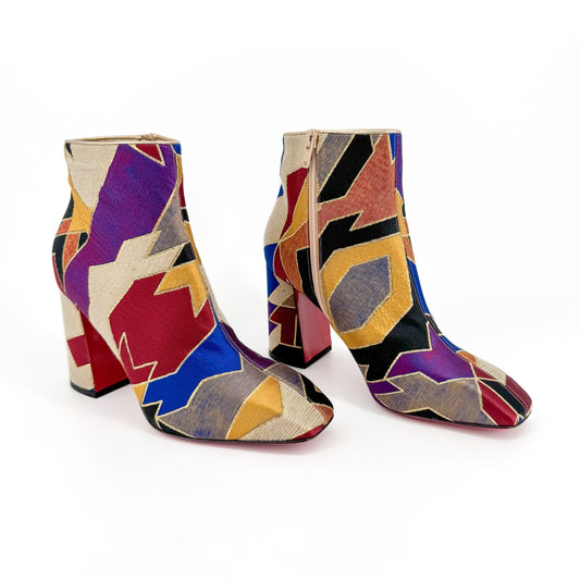 Christian Louboutin Hilconico 85 Ankle Boots in Multicolor Geometric Silk Size 40
