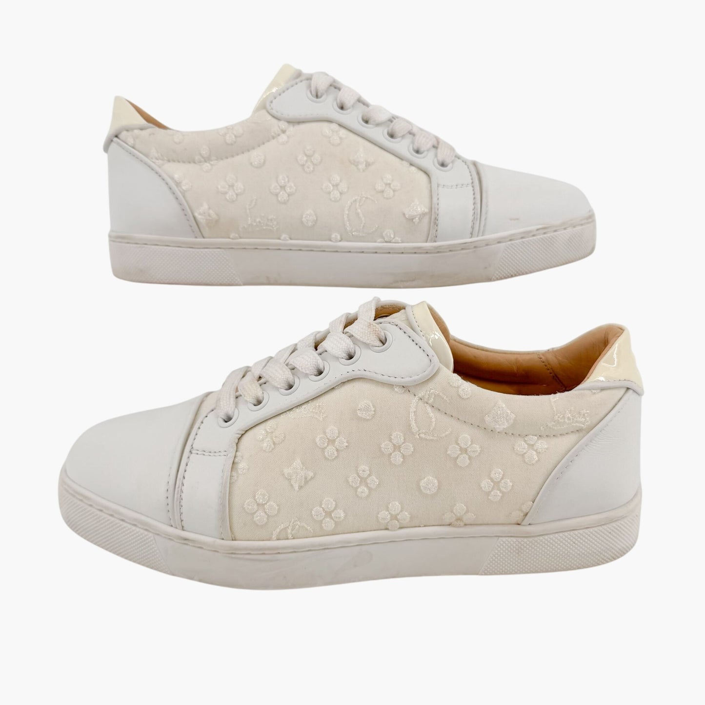 Christian Louboutin Vieira Orlato Sneakers in Cream/White Jacquard Logo & Leather Size 36.5