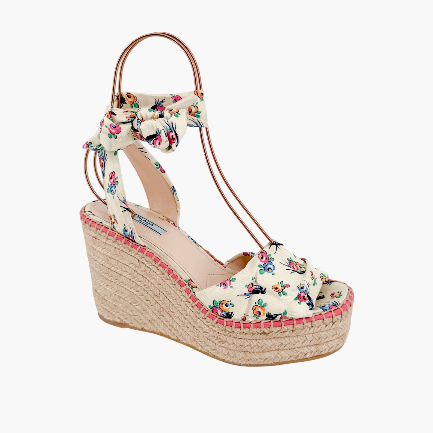 Prada Floral Espadrille Wedge Sandals in Ivory Satin Size 40