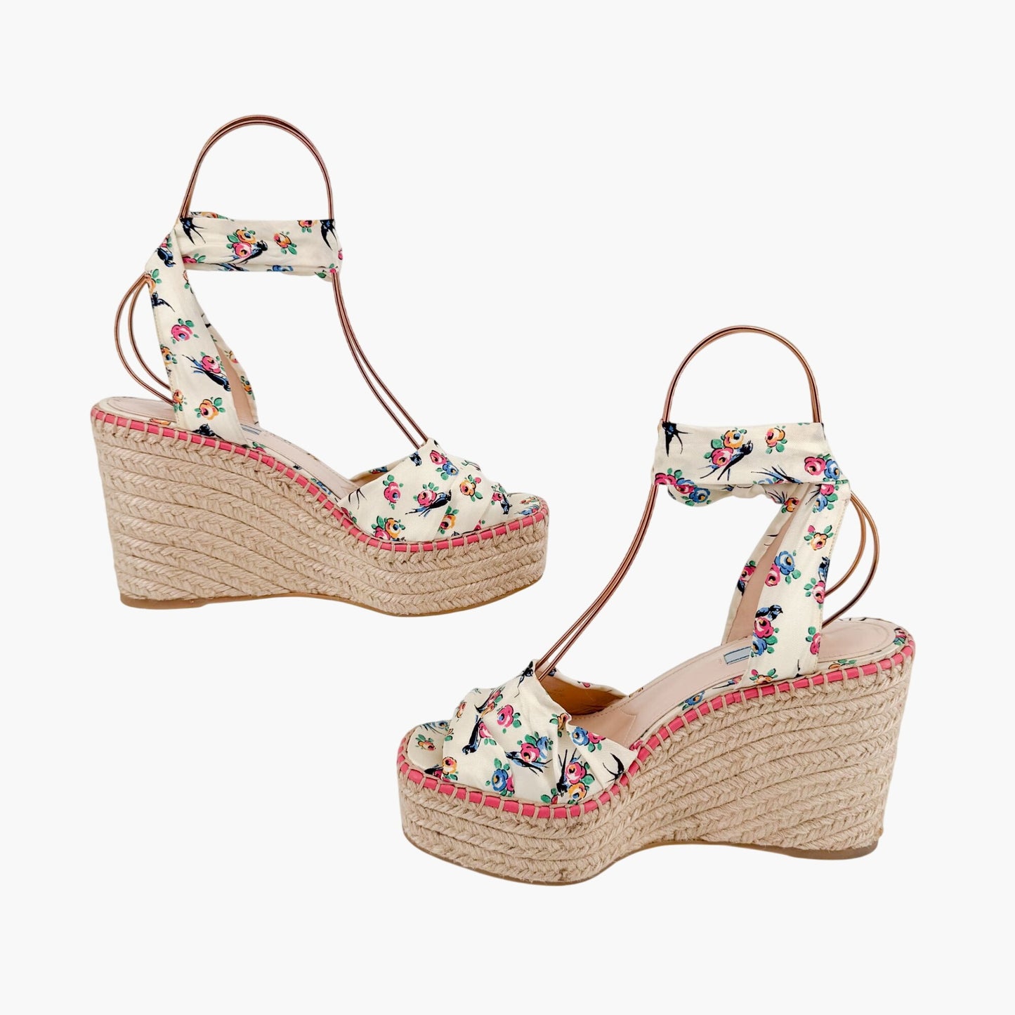 Prada Floral Espadrille Wedge Sandals in Ivory Satin Size 40