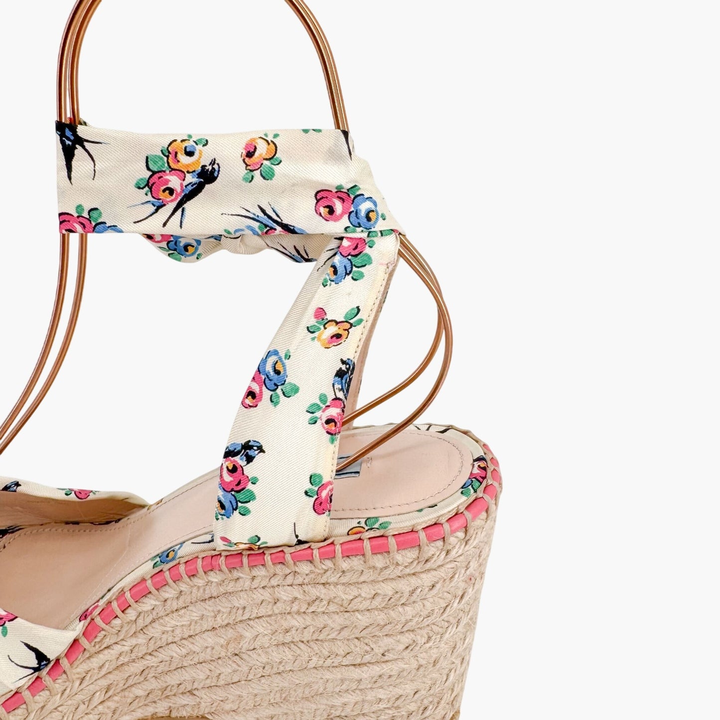Prada Floral Espadrille Wedge Sandals in Ivory Satin Size 40