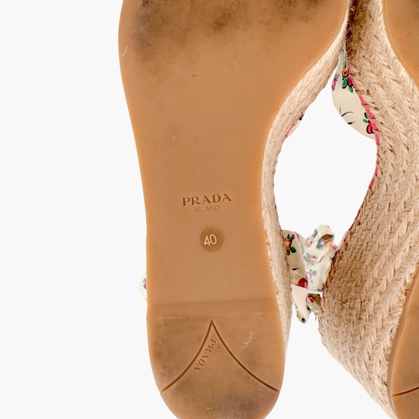 Prada Floral Espadrille Wedge Sandals in Ivory Satin Size 40
