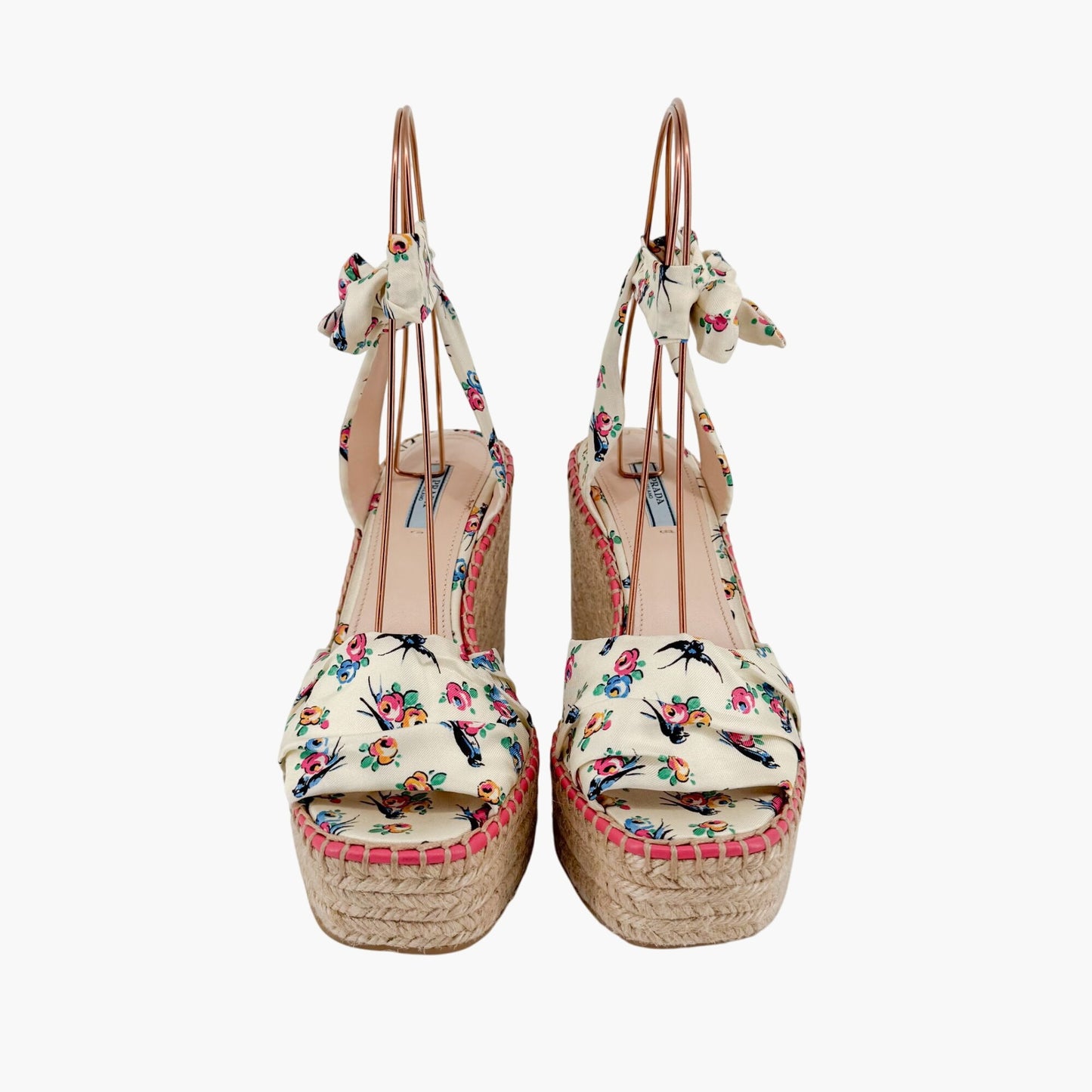 Prada Floral Espadrille Wedge Sandals in Ivory Satin Size 40