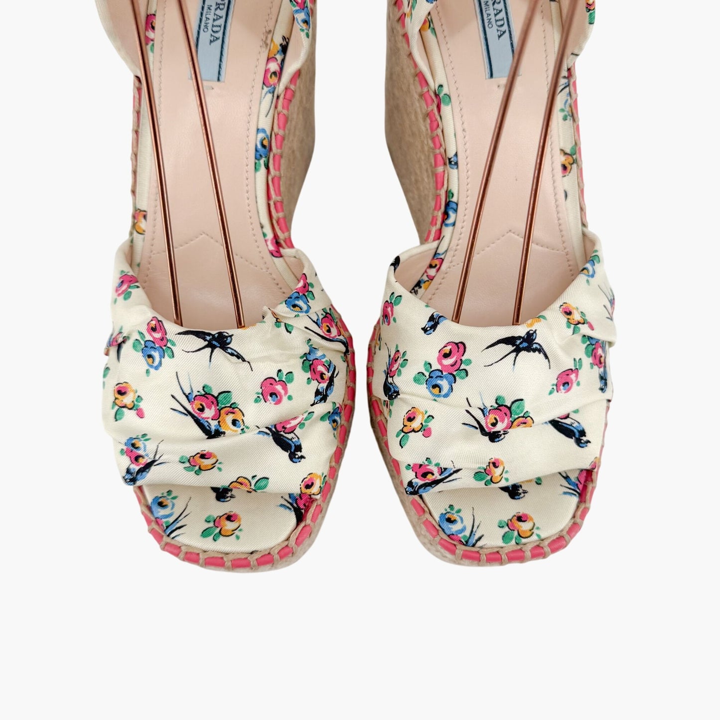 Prada Floral Espadrille Wedge Sandals in Ivory Satin Size 40