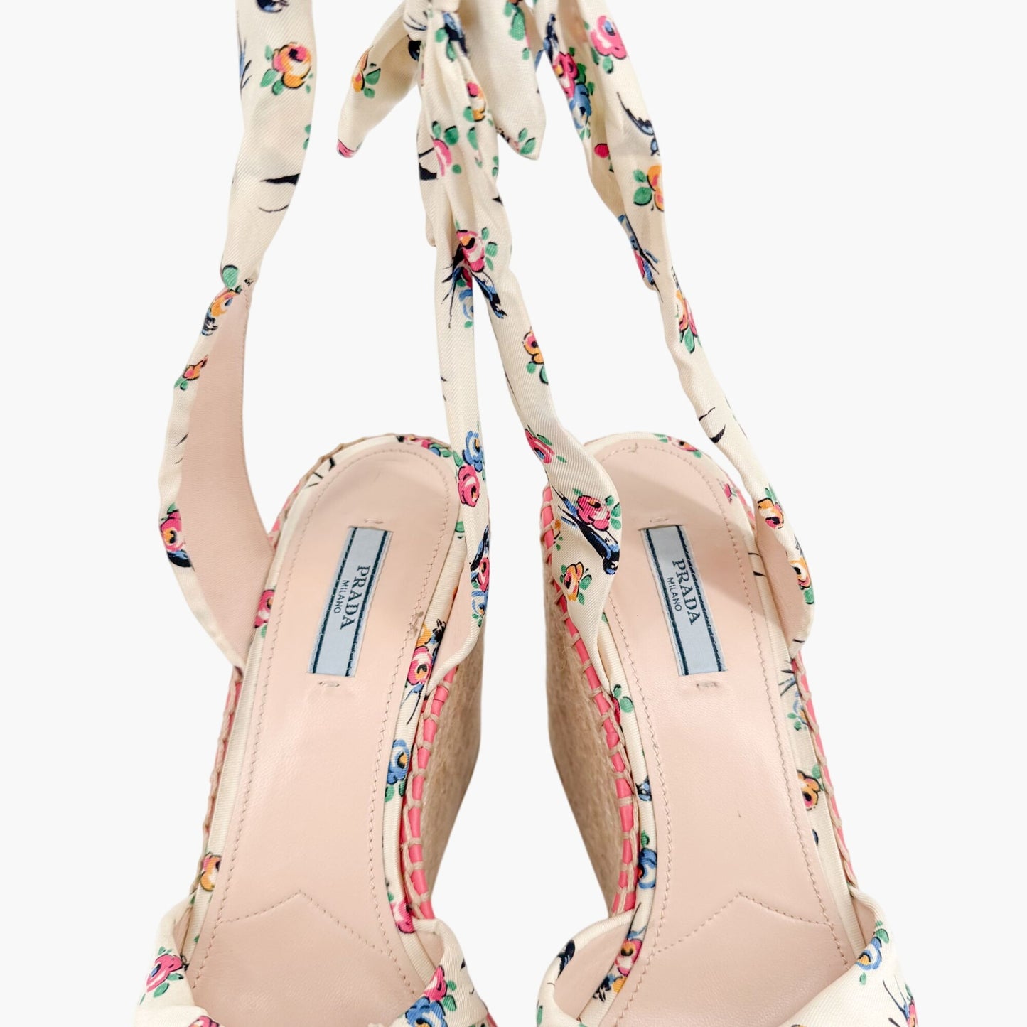 Prada Floral Espadrille Wedge Sandals in Ivory Satin Size 40