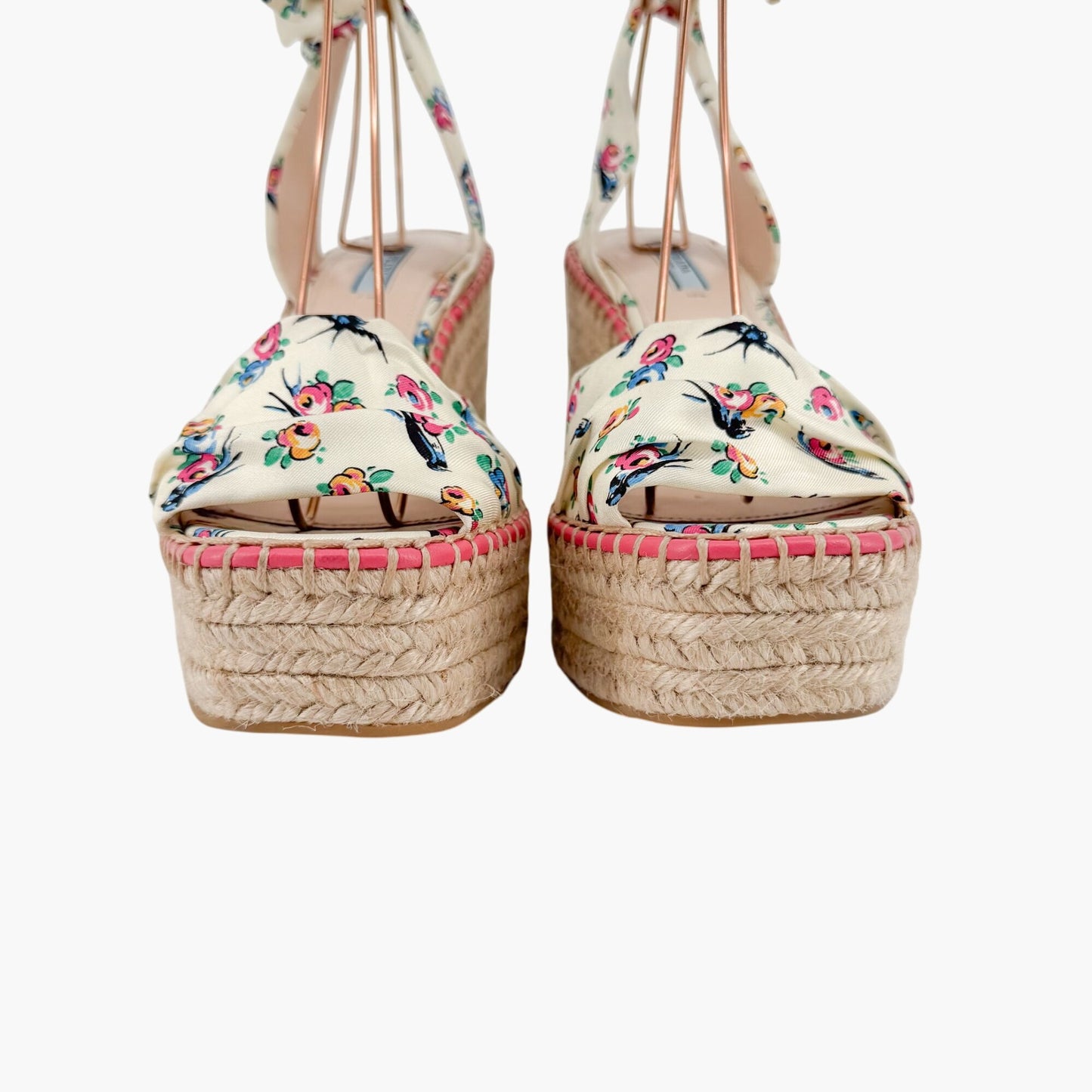 Prada Floral Espadrille Wedge Sandals in Ivory Satin Size 40