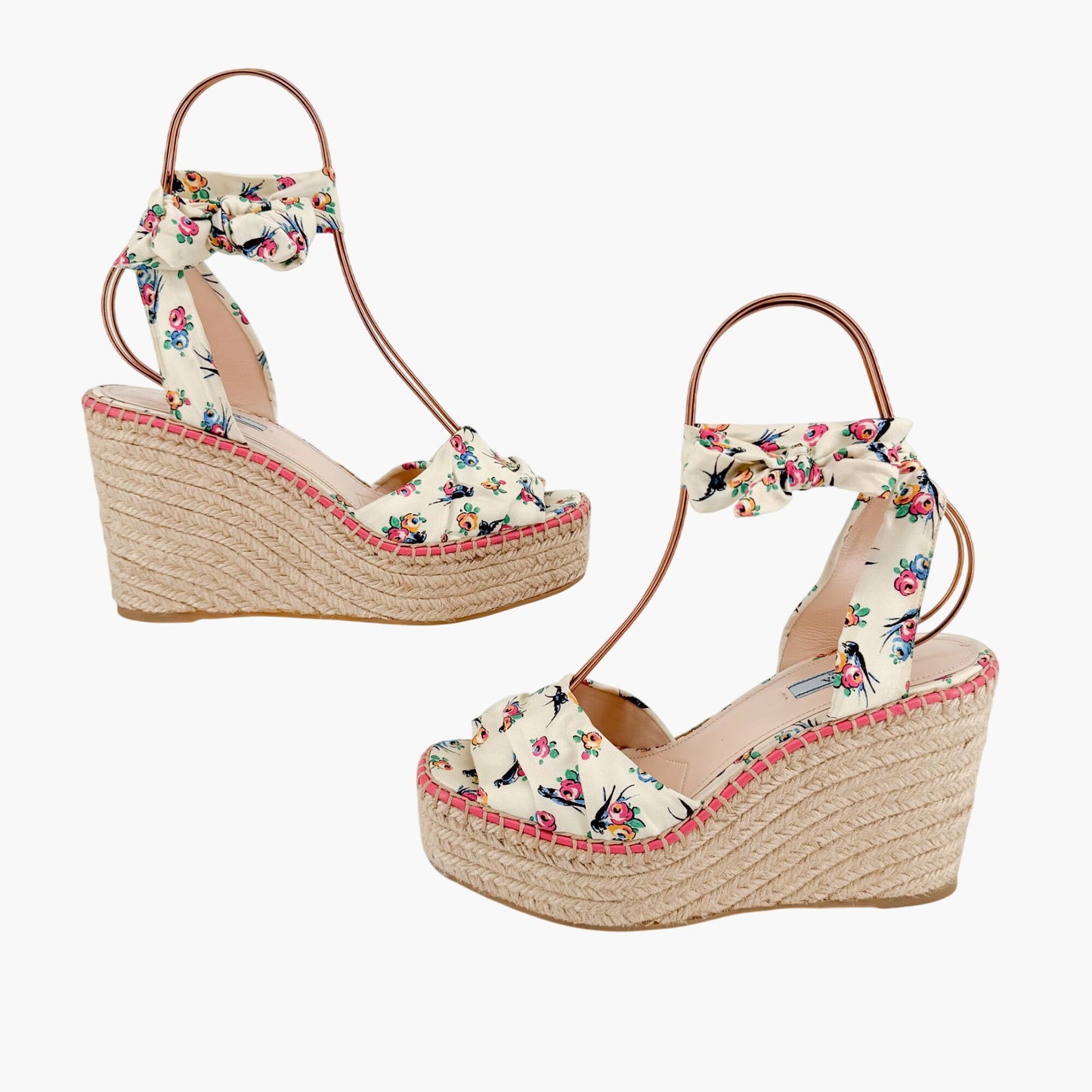 Prada Floral Espadrille Wedge Sandals in Ivory Satin Size 40