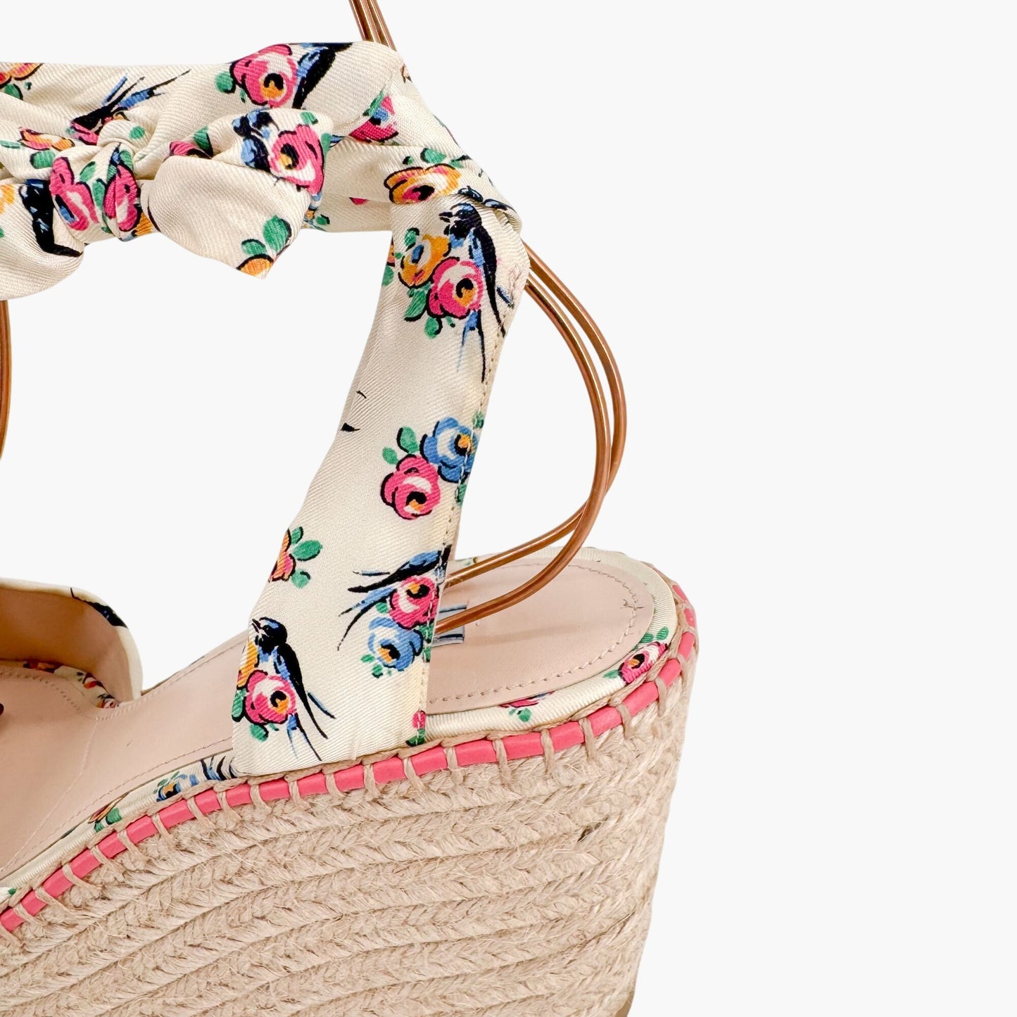 Prada Floral Espadrille Wedge Sandals in Ivory Satin Size 40