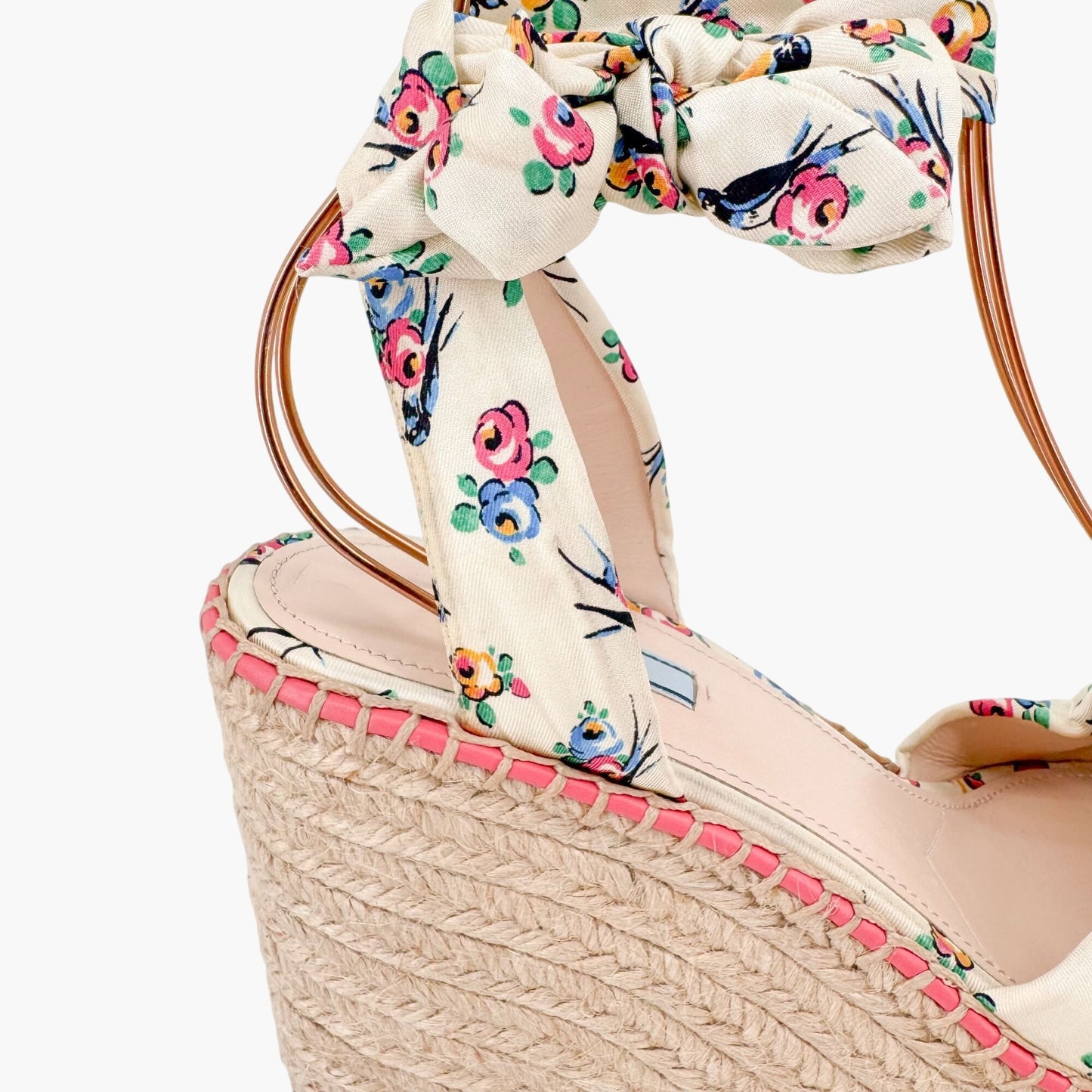 Prada Floral Espadrille Wedge Sandals in Ivory Satin Size 40
