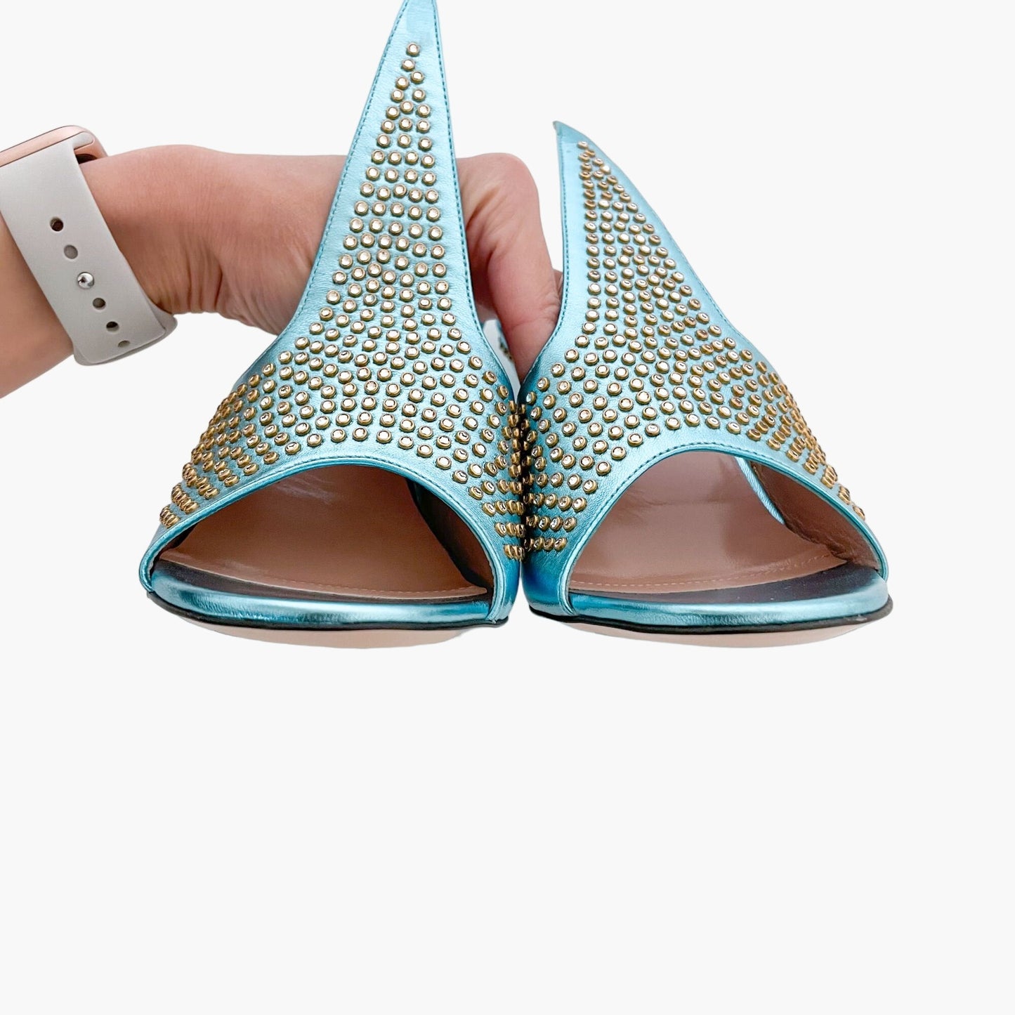 Gucci Fedra Crystal-Embellished Mules in Cielo (Metallic Blue) Size 37