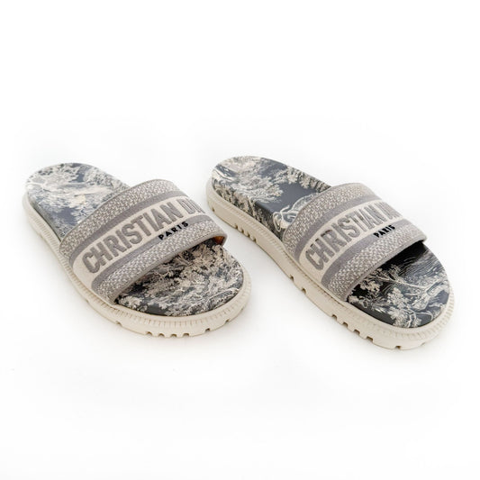 Christian Dior Dway Toile De Jouy Slide Sandals in Blue/Grey and White Size 39
