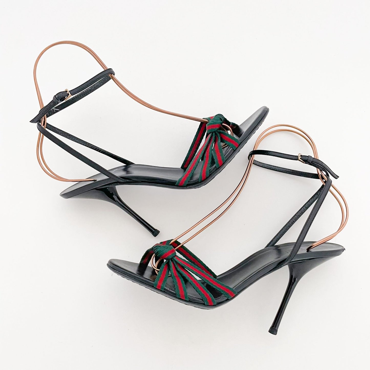 Gucci Mirabelle Knotted Web Stripe Sandals in Black/Green/Red Size 9.5