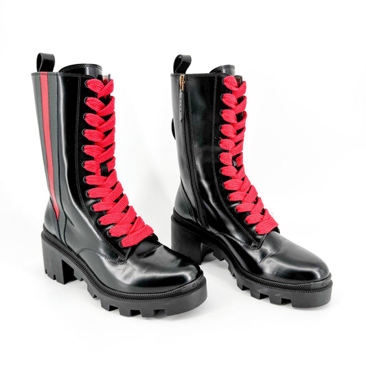 Gucci Magnum Web Stripe Lace Up Combat Boots in Black Leather Size 36.5