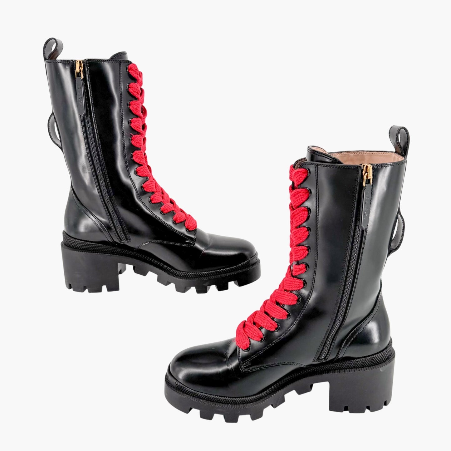 Gucci Magnum Web Stripe Lace Up Combat Boots in Black Leather Size 36.5