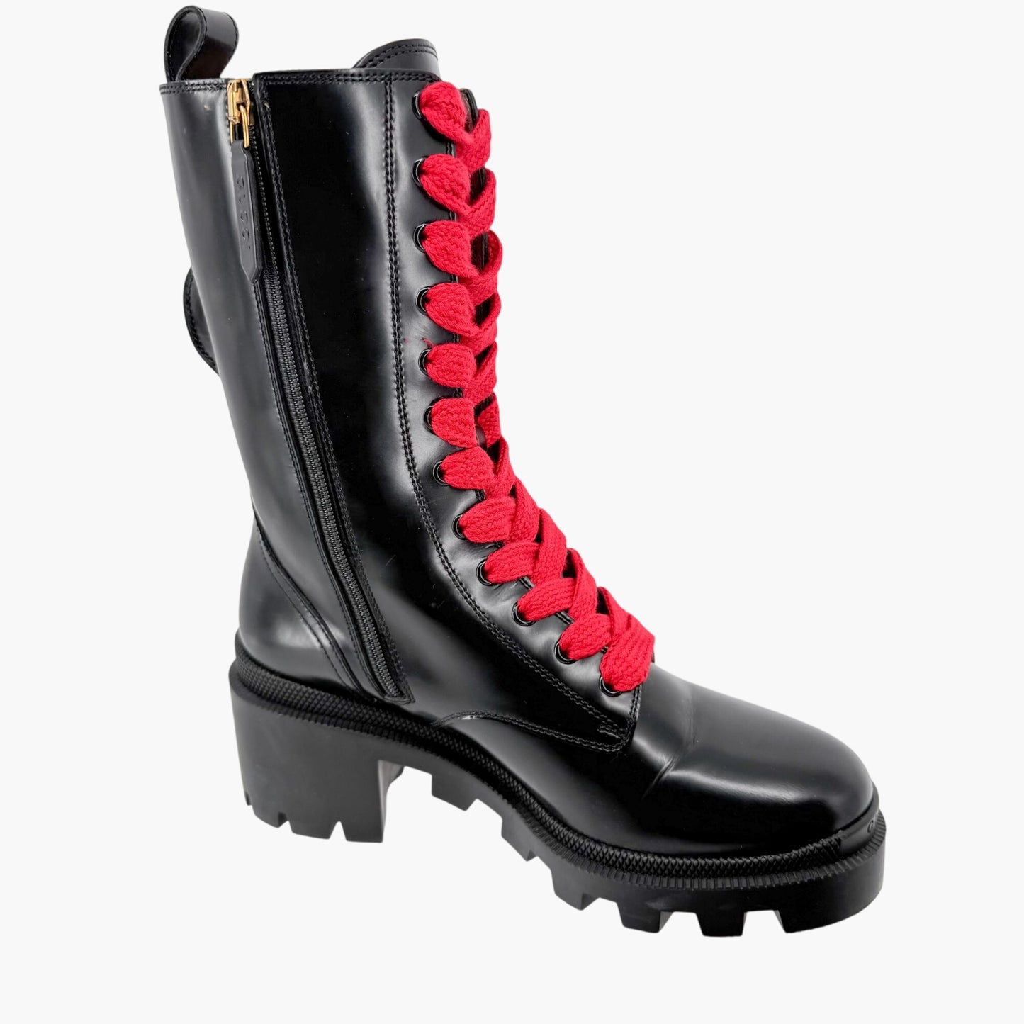 Gucci Magnum Web Stripe Lace Up Combat Boots in Black Leather Size 36.5