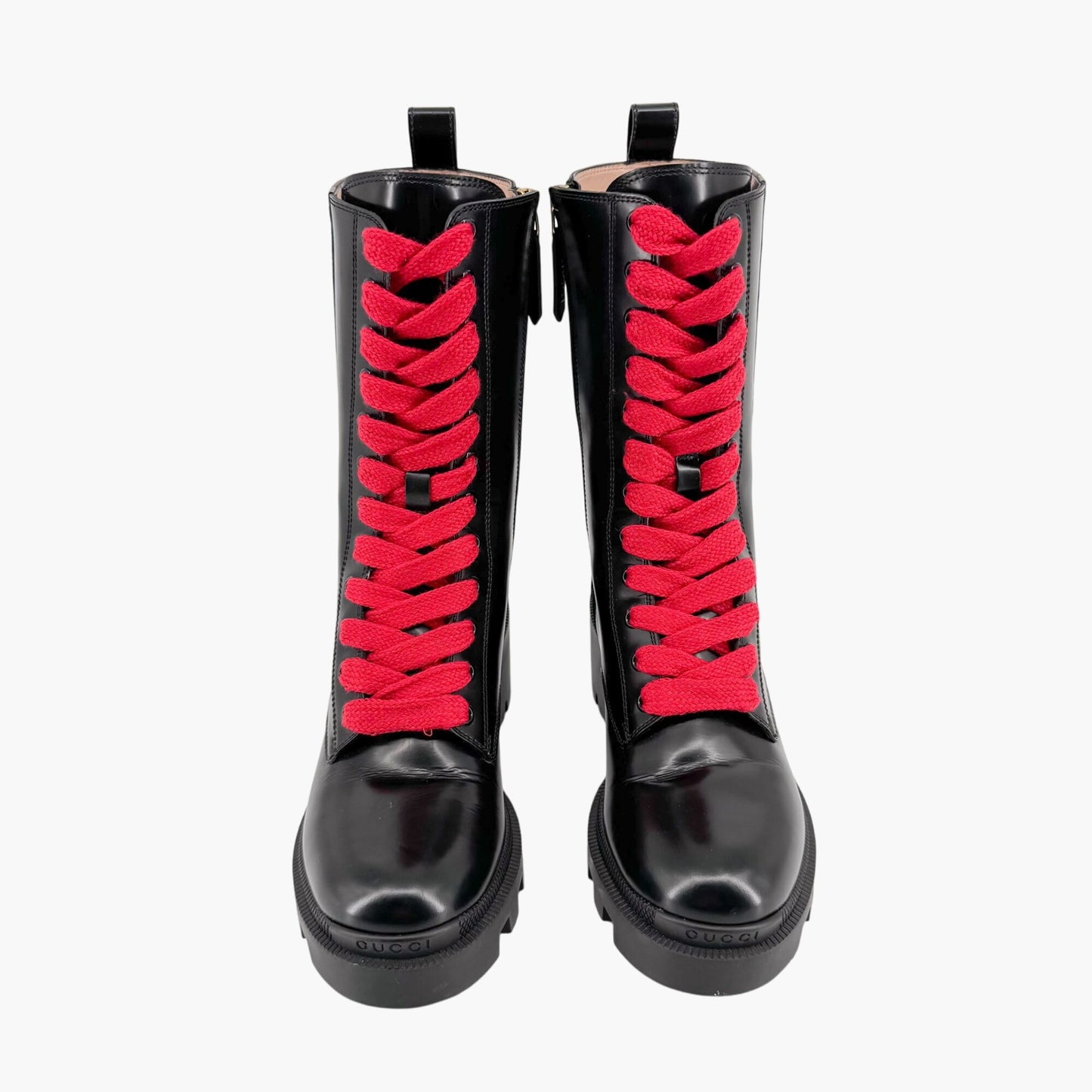 Gucci Magnum Web Stripe Lace Up Combat Boots in Black Leather Size 36.5