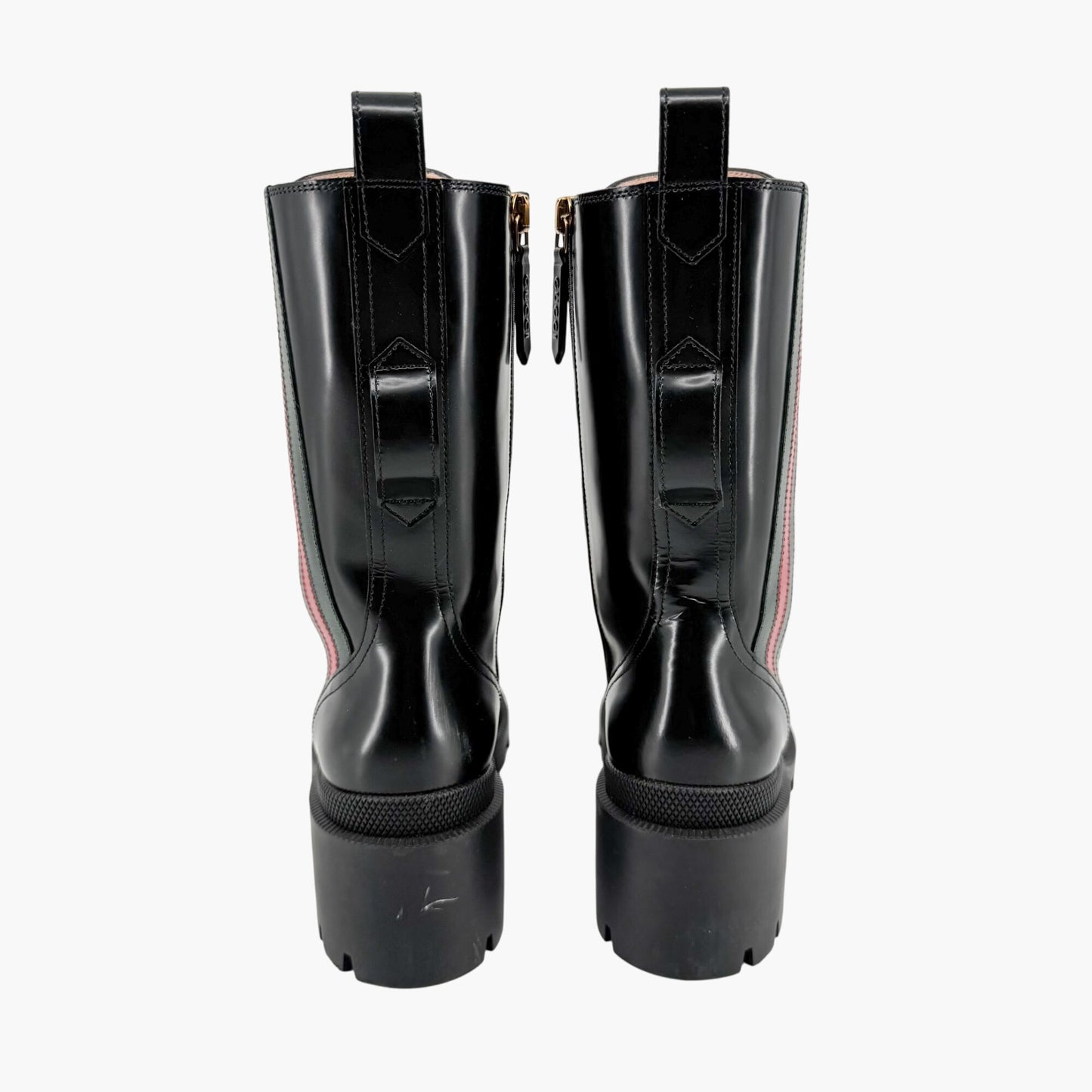 Gucci Magnum Web Stripe Lace Up Combat Boots in Black Leather Size 36.5