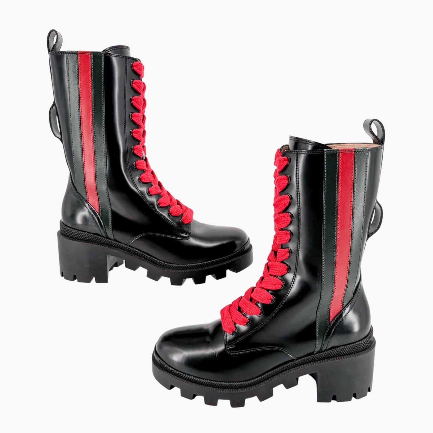 Gucci Magnum Web Stripe Lace Up Combat Boots in Black Leather Size 36.5