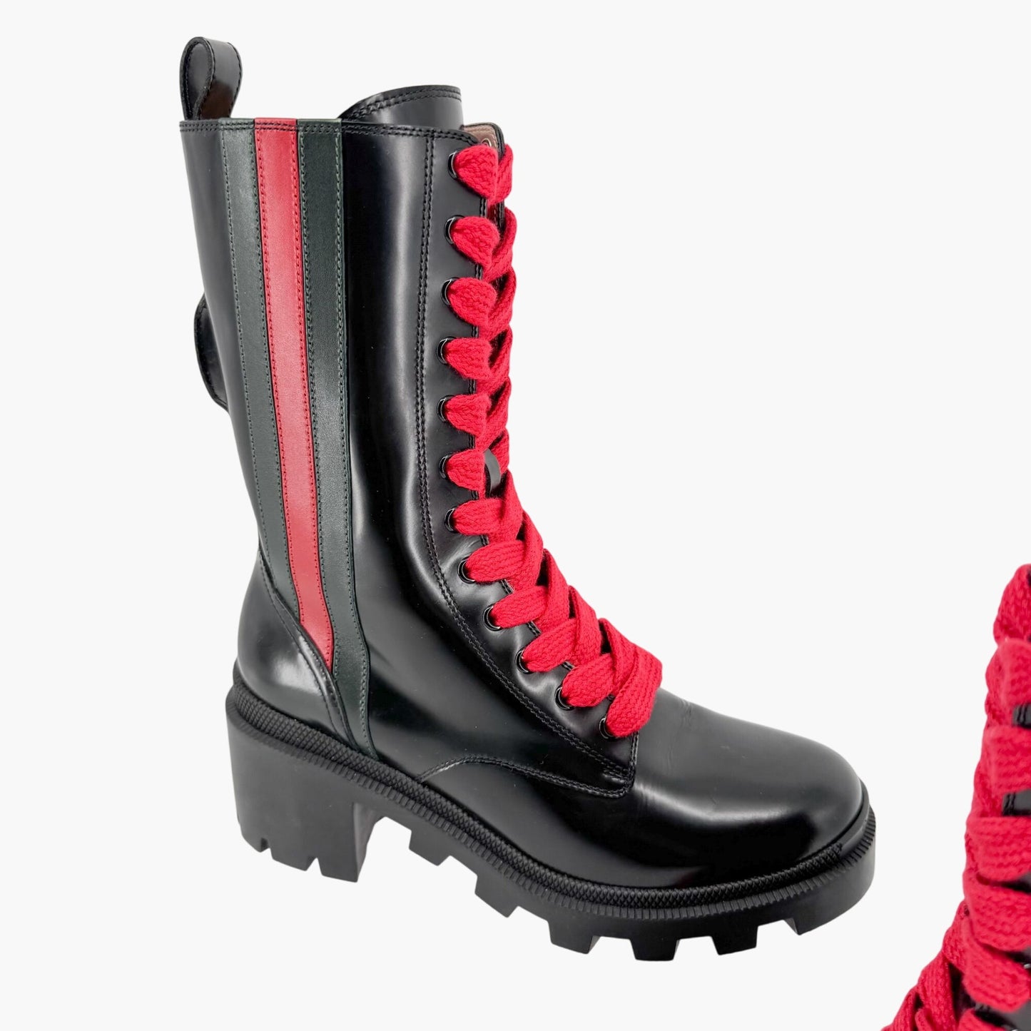Gucci Magnum Web Stripe Lace Up Combat Boots in Black Leather Size 36.5