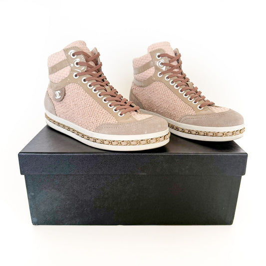 Chanel High Top Chain Sneakers in Light Pink Tweed Size 37.5