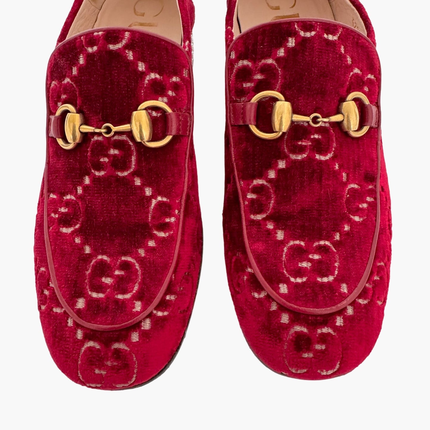 Gucci Mister Crystal Heel Horsebit Loafer in Red GG Velvet Size 36