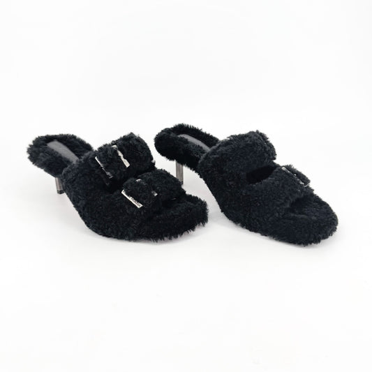 Amina Muaddi Millie Black Shearling Mule Slippers – Size 39.5