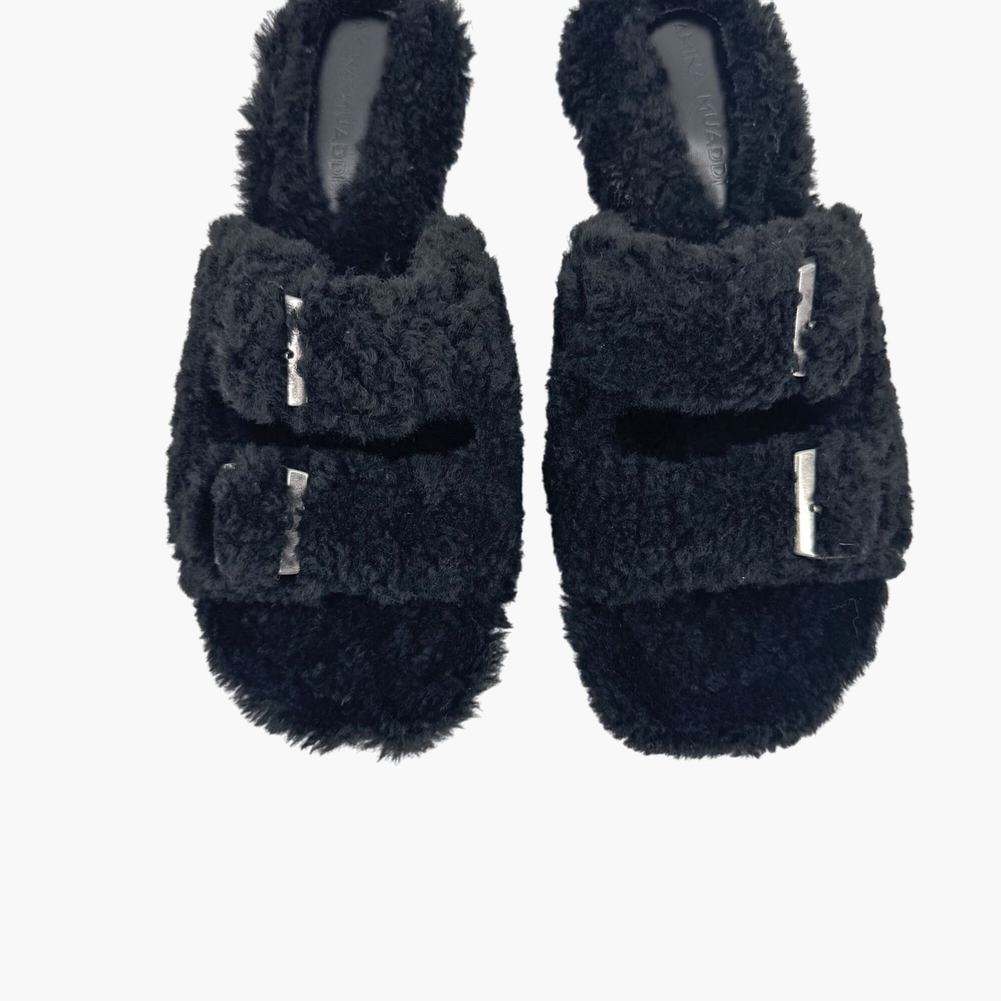 Amina Muaddi Millie Black Shearling Mule Slippers – Size 39.5
