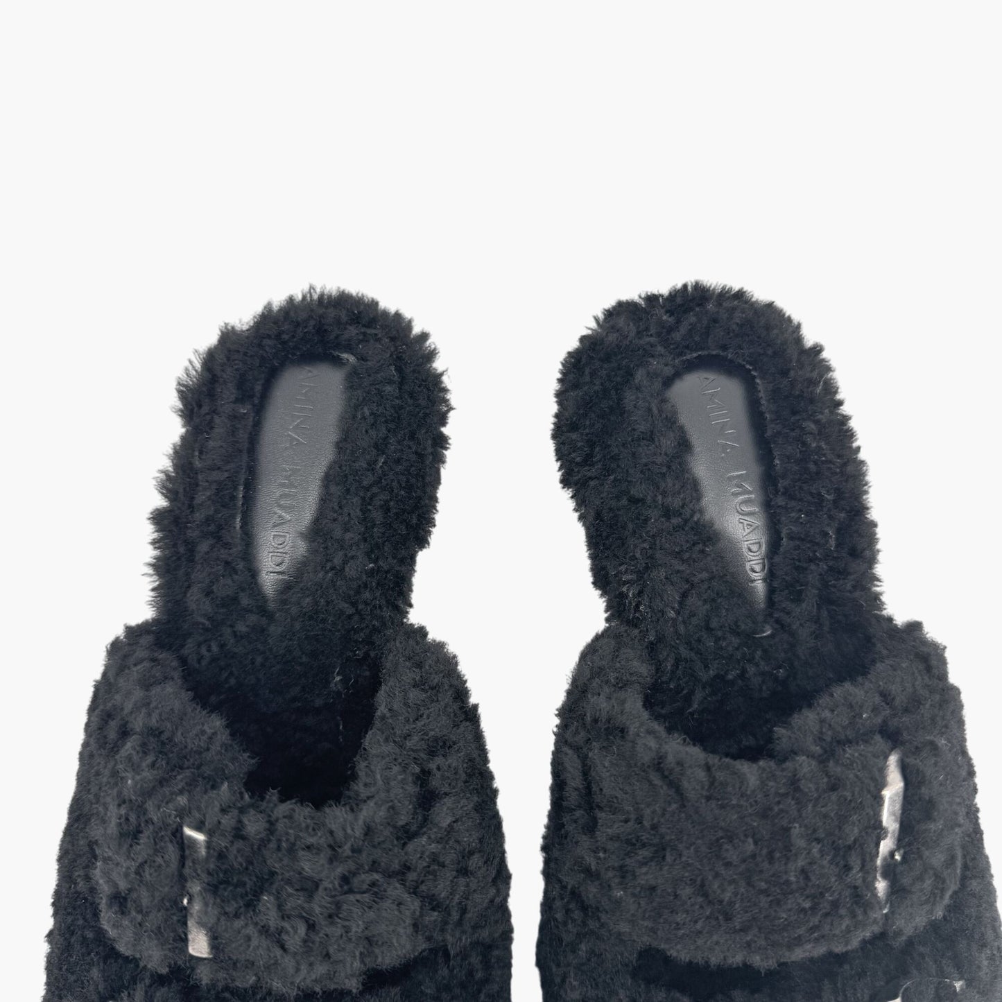 Amina Muaddi Millie Black Shearling Mule Slippers – Size 39.5