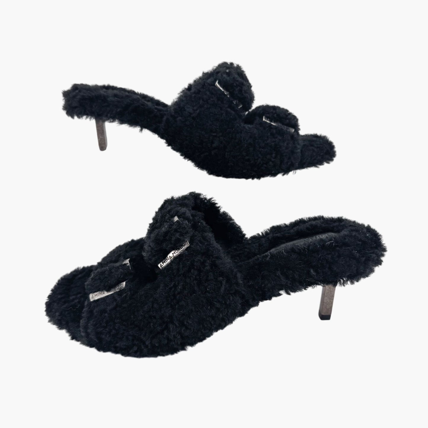 Amina Muaddi Millie Black Shearling Mule Slippers – Size 39.5
