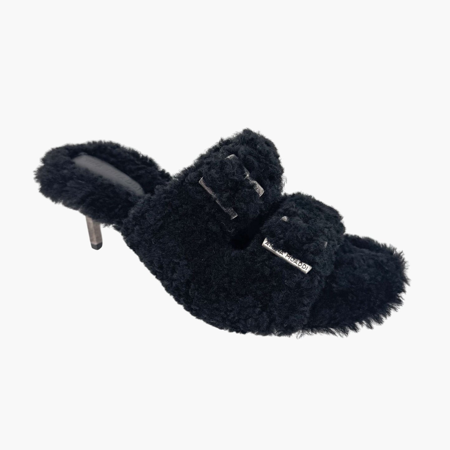 Amina Muaddi Millie Black Shearling Mule Slippers – Size 39.5