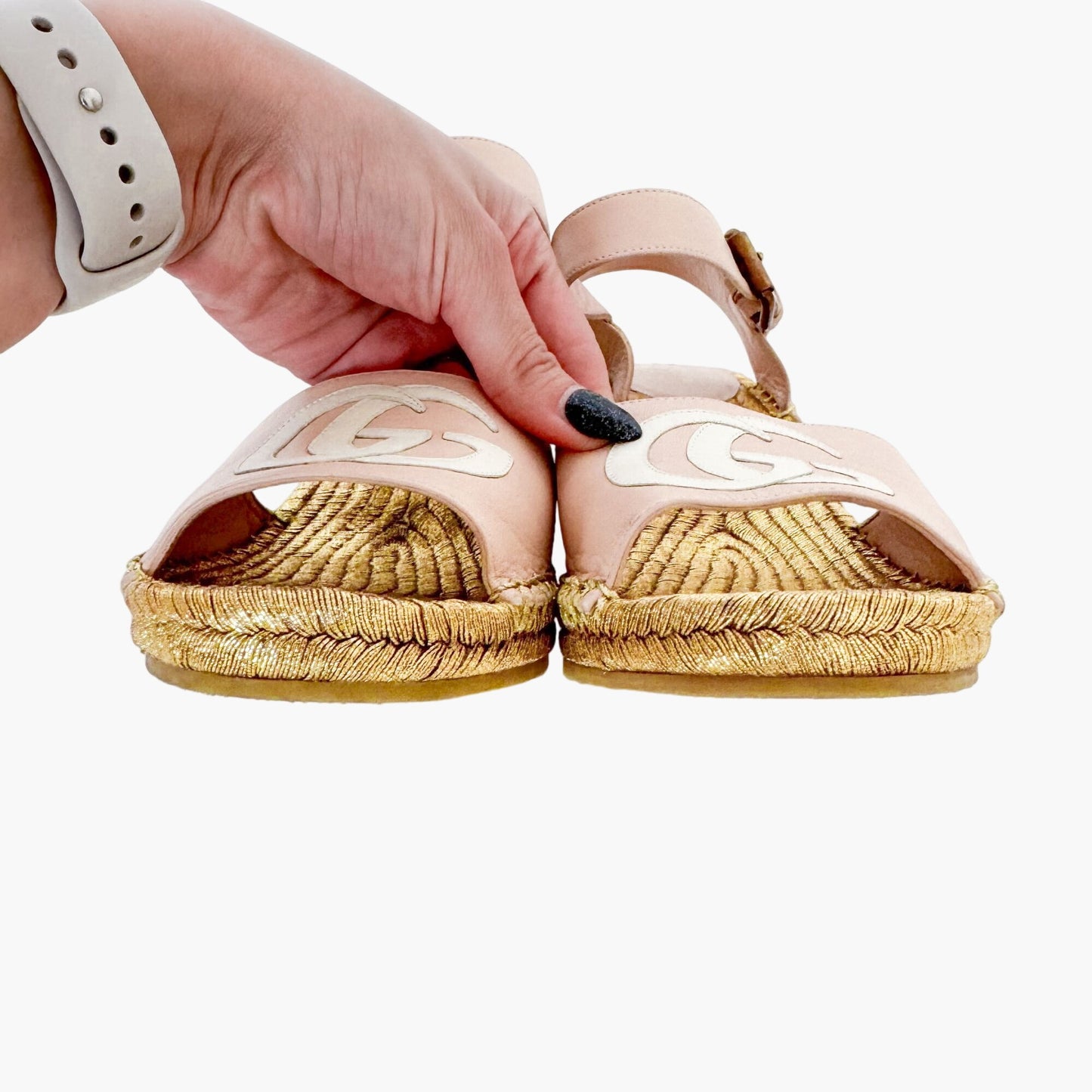Gucci Flor GG Espadrille Wedge Sandals in Pink & Gold Leather Size 39.5