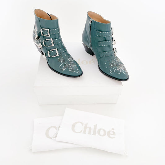 Chloé Susanna Short Boots in Teal Leather Size 40