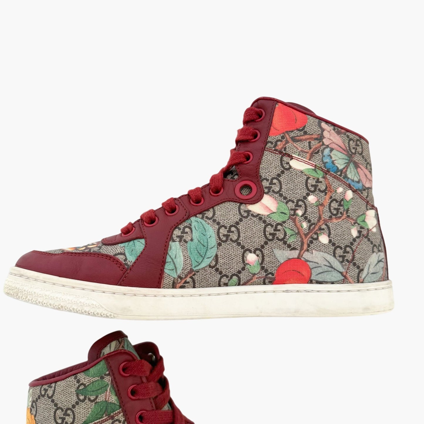 Gucci Tian High Top Sneakers in Supreme Monogram & Red Leather Size 37