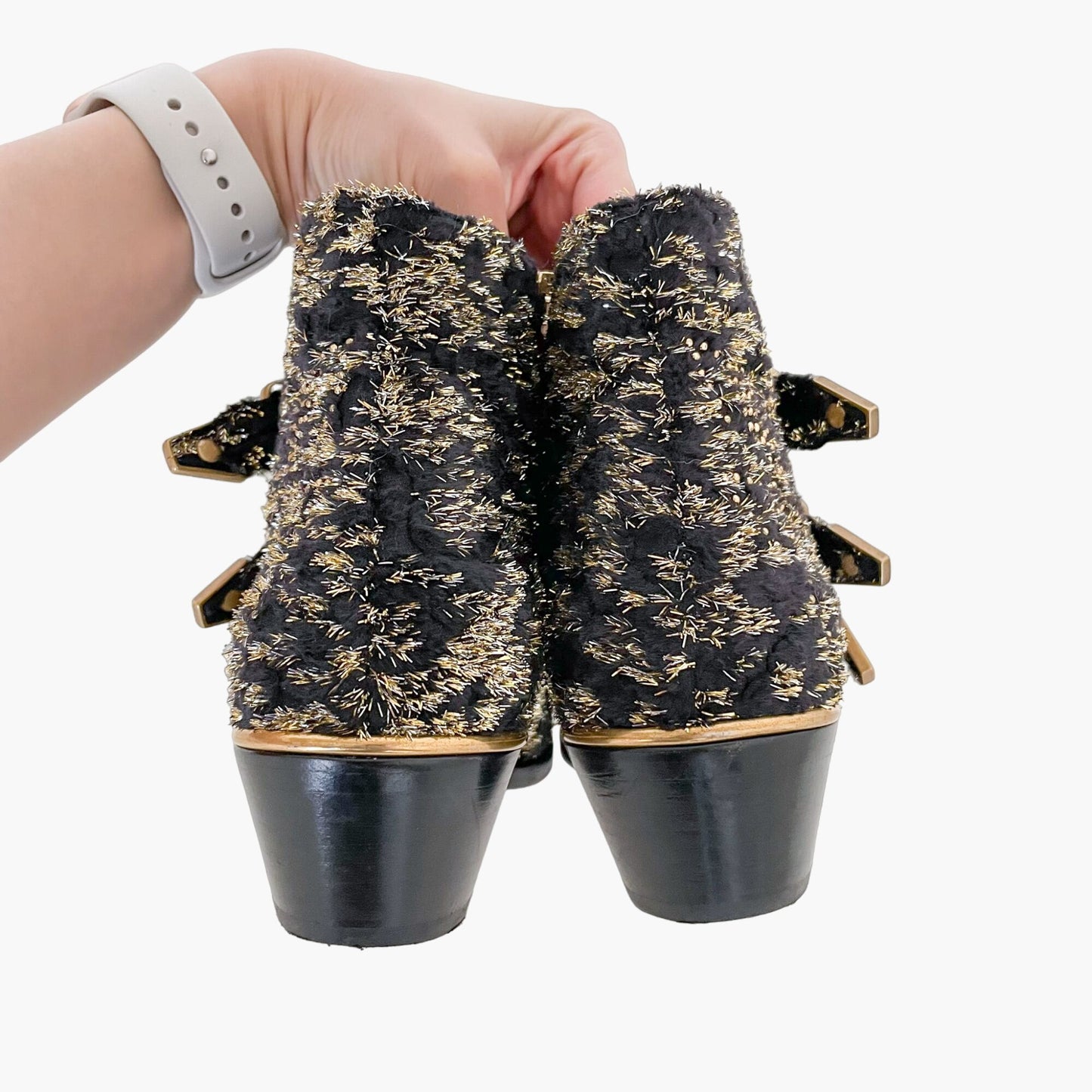 Chloé Susanna Short Boots in Black and Metallic Silver/Gold Velvet Size 37.5
