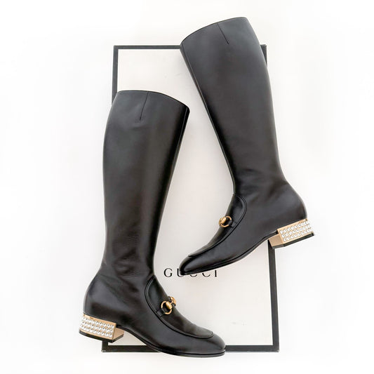 Gucci Mister Knee High Horsebit Boots in Black Leather Size 37