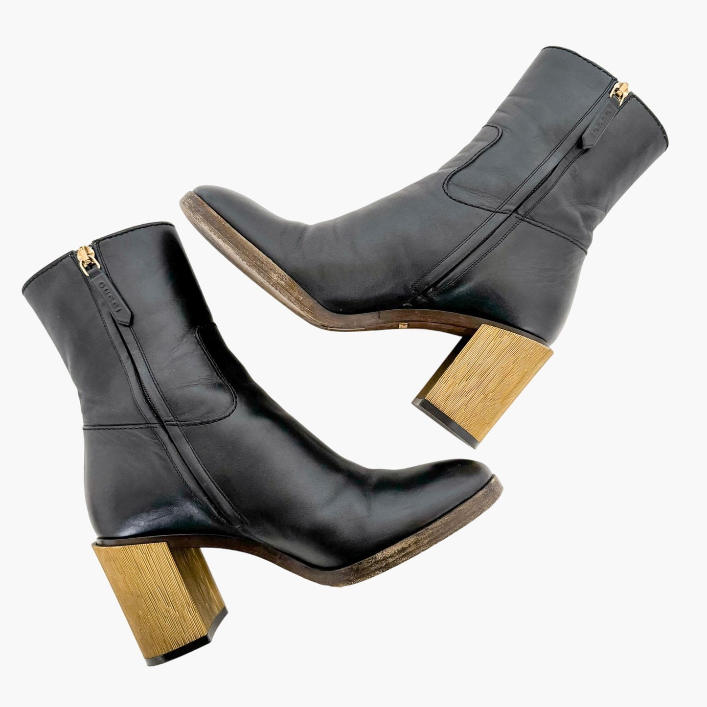 Gucci Block Heel Ankle Boots in Black Leather Size 36.5
