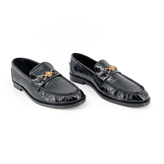 Versace Croc-Effect Medusa '95 Loafers in Black Leather Size 39.5