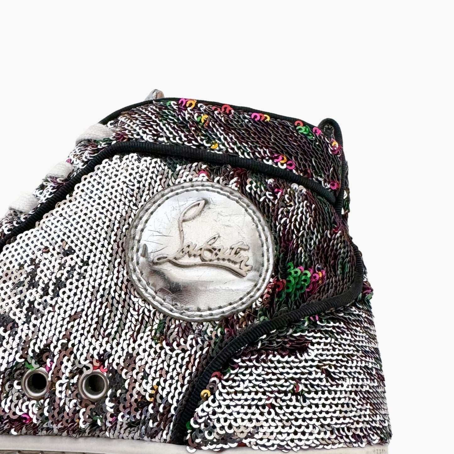 Christian Louboutin Bip Bip High Top Sneakers in Silver Flip Up Sequin Size 37.5